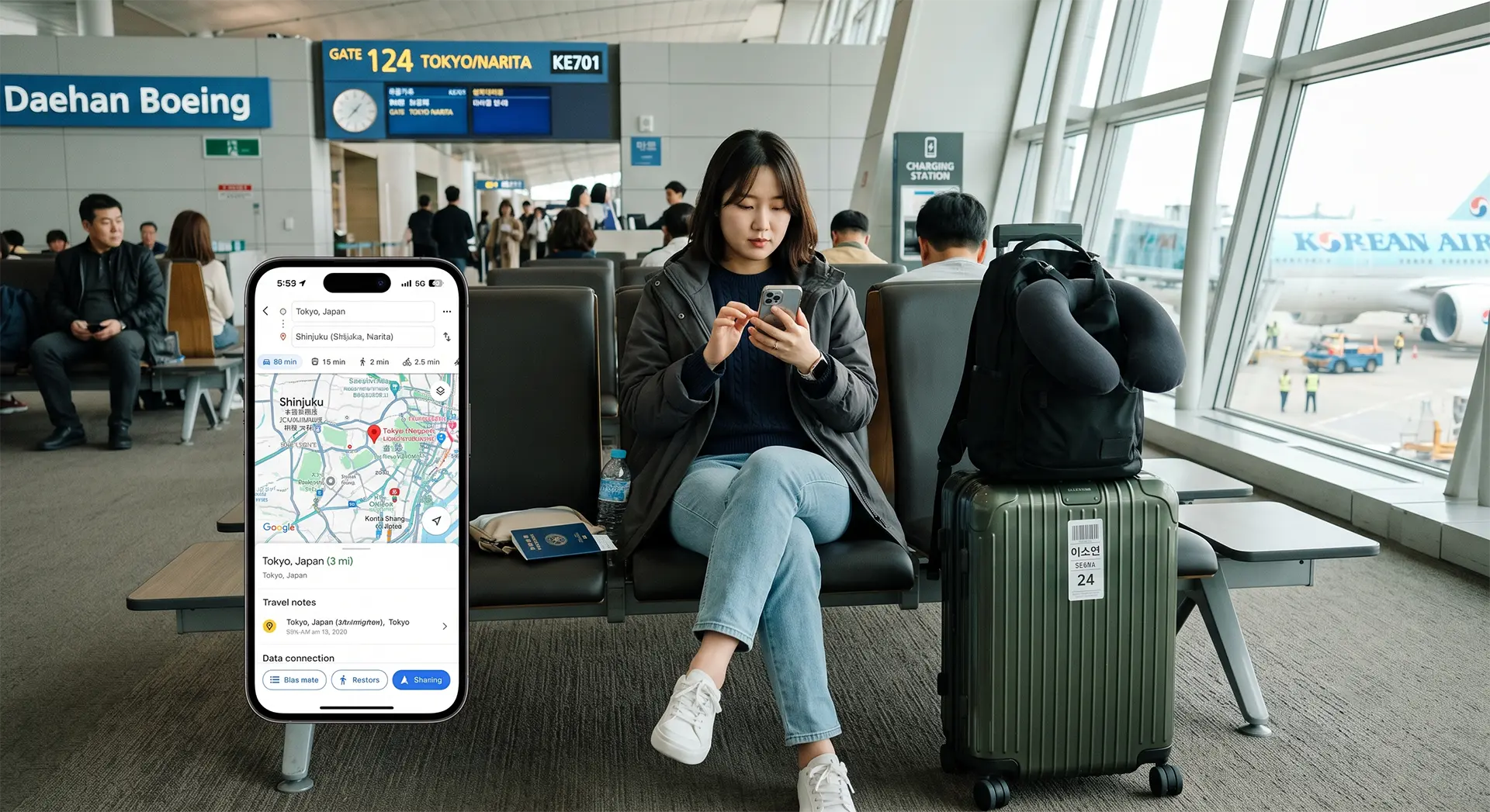 공항 대합실에서 캐리어를 옆에 두고 스마트폰으로 해외 지도를 검색하며 데이터를 사용하는 여행자의 모습