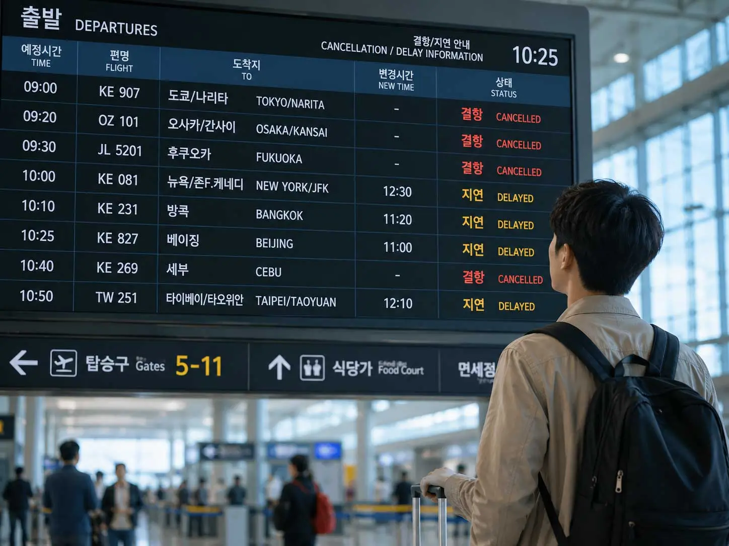 공항 터미널에서 딜레이(지연) 및 캔슬(결항) 표시가 가득 뜬 항공편 안내 전광판을 안타깝고 초조하게 바라보는 여행객의 뒷모습
