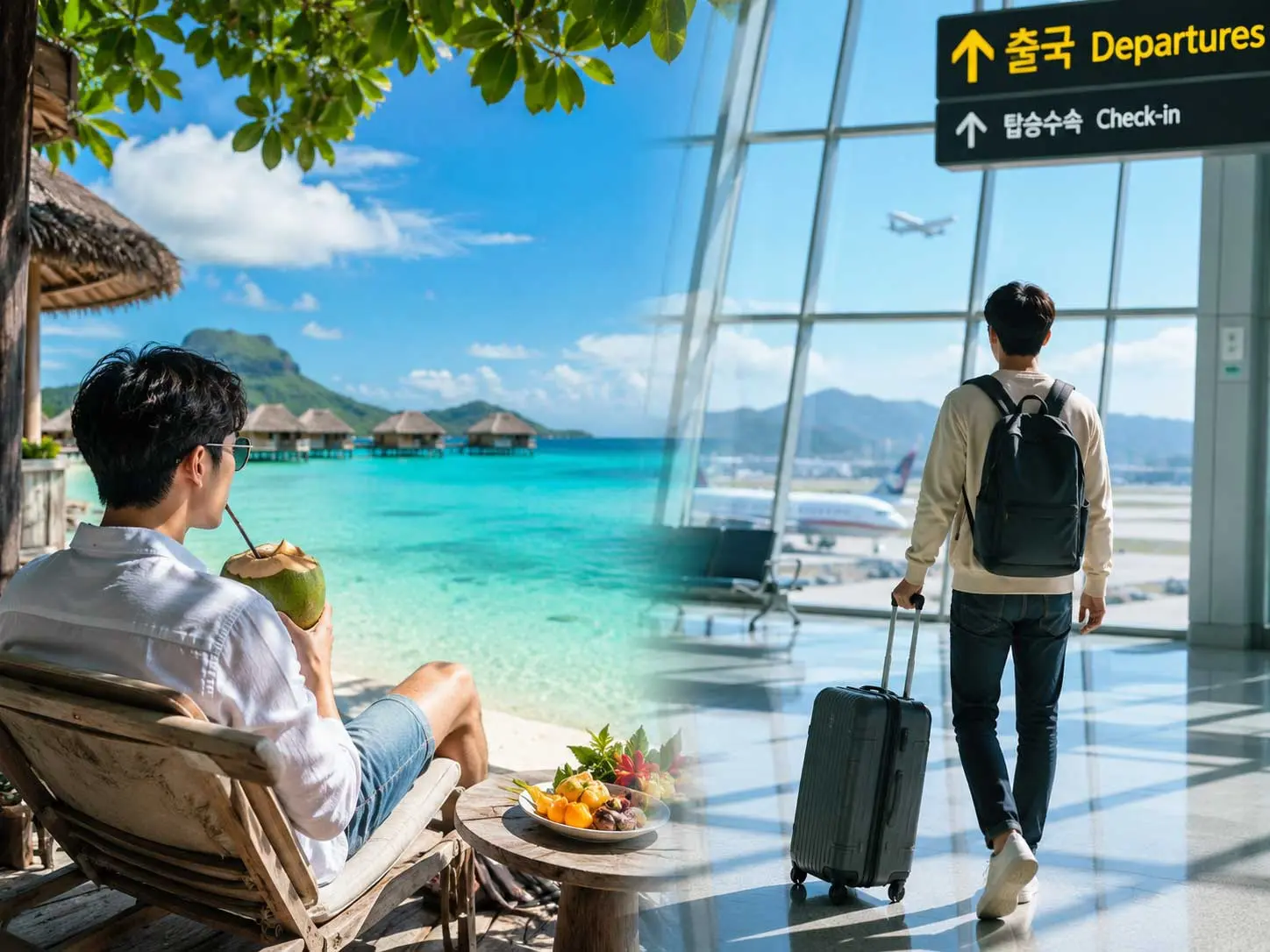 푸른 바다와 여유로운 휴양지의 모습 또는 공항 출국장에서 여행용 캐리어를 끌고 가는 설레는 풍경