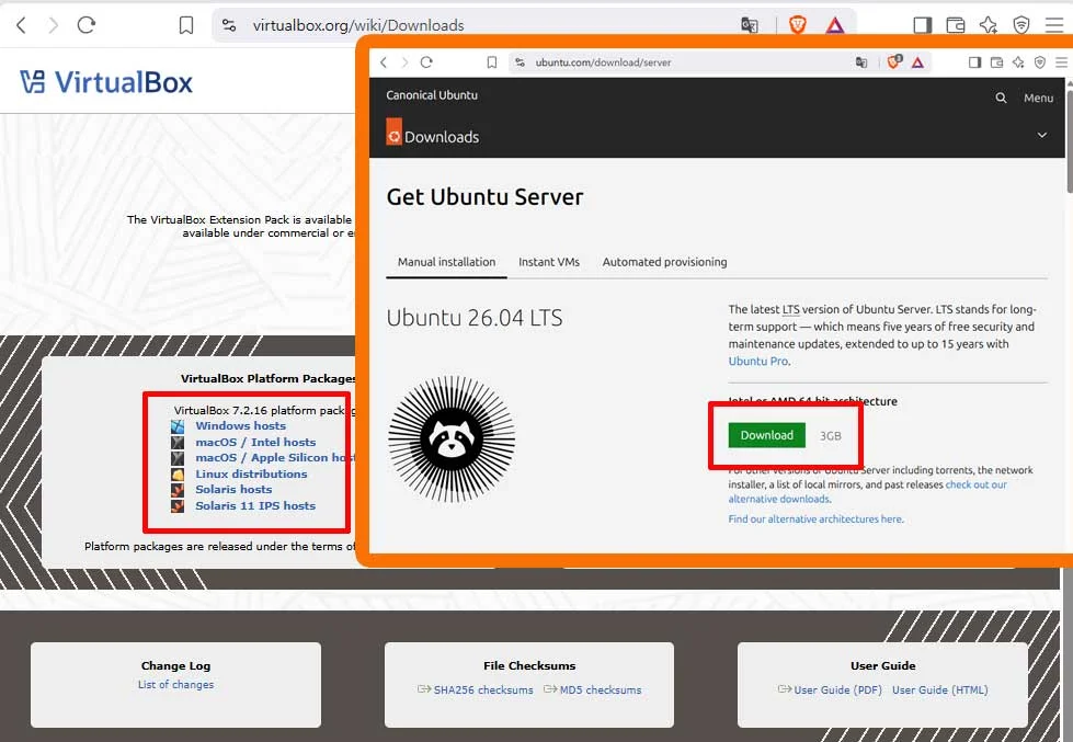 VirtualBox 및 Ubuntu 다운로드 화면