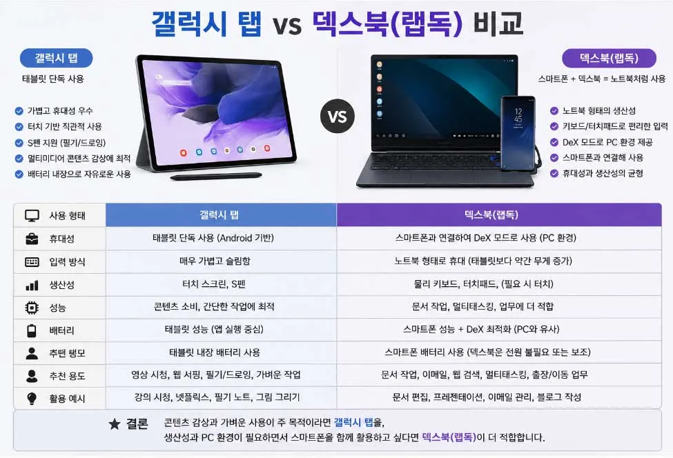 갤럭시 탭과 덱스북 랩독 비교 이미지